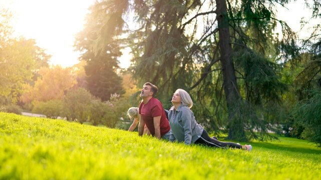 Senior couple practicing yoga together in a park