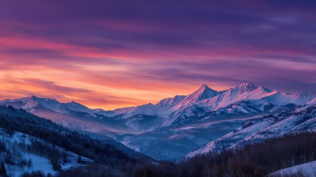 Striking landscape image of snow-covered mountains at sunset, bathed in a purple and orange glow.