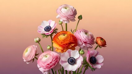 A vibrant bouquet of ranunculus and anemone flowers in full bloom, set against a soft gradient background, creating a warm and inviting scene