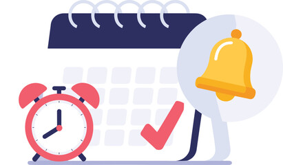 Calendar with Alarm Clock and Bell Icon for Time Management vector illustration