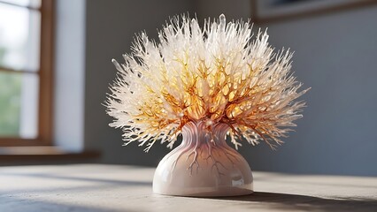 A captivating closeup of a decorative vase with delicate, feathery plumes, casting soft shadows in a serene interior setting