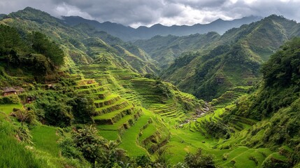 Obraz premium Breathtaking rice terraces cascade down lush green mountains in the Philippines, offering a stunning travel destination and cultural experience