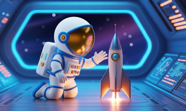 Cute astronaut examines rocket in space station