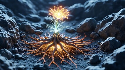 A glowing plant emerges from the rocky ground, its roots illuminated and a bright flower blooming above, symbolizing resilience