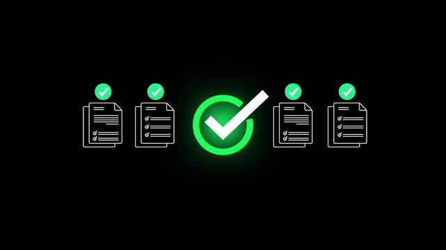 Digital checklist and approval workflow showing business document validation and task tracking system for decision making, process optimization, and quality verification with high efficiency. 4k video