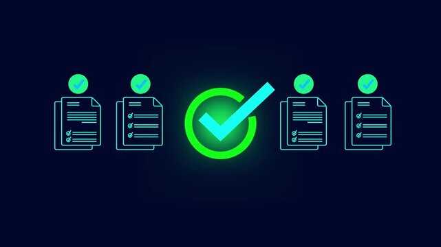 Digital checklist and approval workflow showing business document validation and task tracking system for decision making, process optimization, and quality verification with high efficiency. 4k video