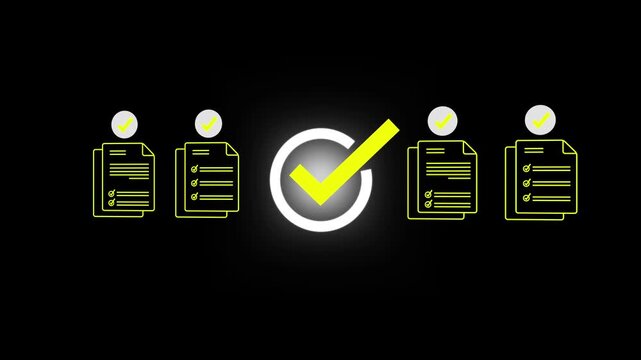 Digital checklist and approval workflow showing business document validation and task tracking system for decision making, process optimization, and quality verification with high efficiency. 4k video
