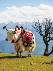 Decorated White Yak on Hill
