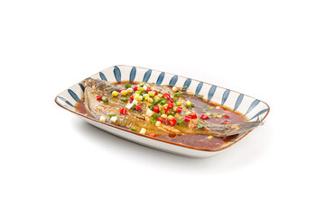 Whole Braised Deep Sea Halibut Fish Served with Colorful Vegetable Garnish on Decorative Platter