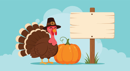 A cartoon turkey wearing a pilgrim hat stands next to a pumpkin by a wooden sign.