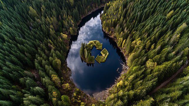 Stunning aerial view of a forest lake with recycle symbol island promoting sustainability and environmental awareness with nature - Powered by Adobe