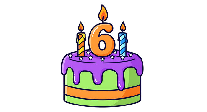 Purple birthday cake with six number candles clipart illustration