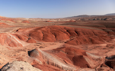 Beautiful mountains with red soil in Khizi. Azerbaijan.