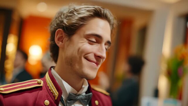 Smiling Hotel Bellhop in Uniform, Close-up Portrait, Hospitality Service, Luxury Accommodation, Elegant Event, Warm Welcome, Professional Staff, Positive Attitude