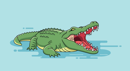 Obraz premium Fierce green cartoon crocodile with a wide open mouth showing sharp teeth 1.