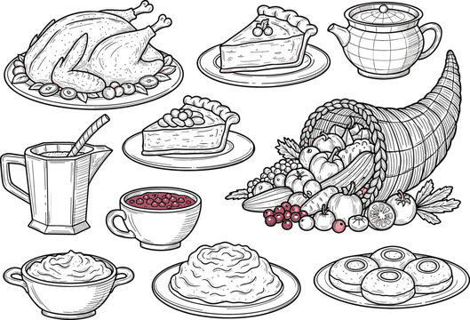  Whimsical Thanksgiving Feast Doodles Classic Hand-Drawn Line Art Food Elements for Fall