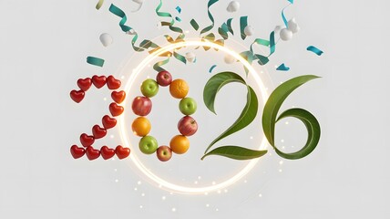 Year 2026 made from fruits and plants over white background with golden circle