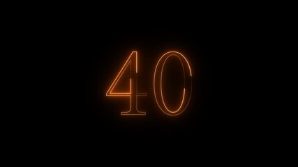 Glowing neon number forty 40 illuminated in vibrant orange against a deep black background with a subtle light effect - Powered by Adobe