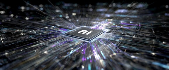 AI Chip Surrounded by Data Streams and Digital Connections