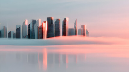 Skyline Serenity: The tranquil dawn paints a futuristic skyline with a soft, ethereal glow, the towering structures reflected in the mist-covered expanse, creating a scene of dreamlike tranquility.