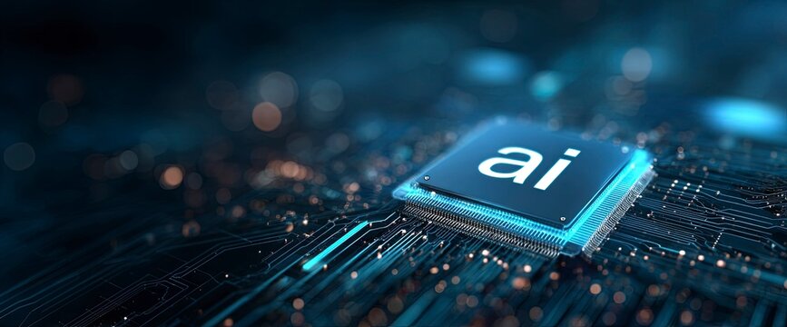 Futuristic Circuit Board with AI Chip Surrounded by Glowing Lights
