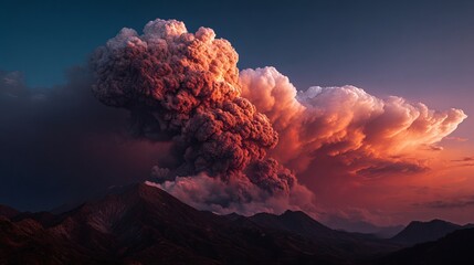 Dramatic volcanic eruption spewing ash and smoke against a vibrant sunset sky over majestic mountains landscape creating a powerful scene