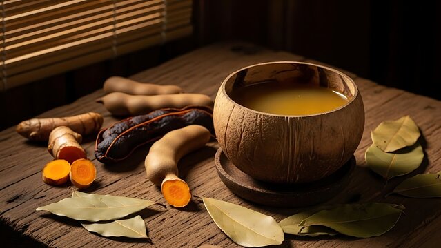 Refreshing kunyit asam turmeric tamarind drink with lime slice in coconut bowl, vibrant warm lighting, modern rustic setup with natural herbal ingredients