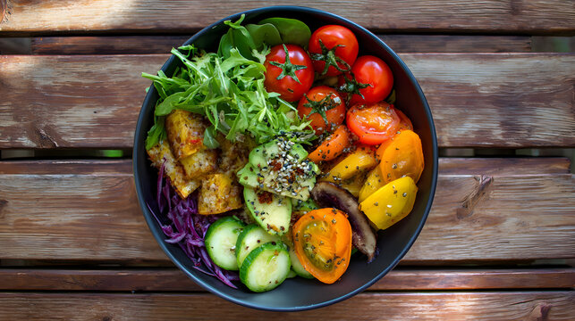 A Rainbow of Nourishment: A vibrant and appetizing bowl of fresh, colorful vegetables and ingredients. From the luscious greens to the ripe tomatoes and the creamy avocado.