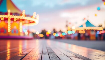 Blurred carnival lights and wooden floor create a festive atmosphere with bokeh effect in background for fairground or amusement park theme