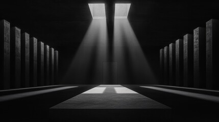 A black and white photograph of a room with a long, narrow window in the center.