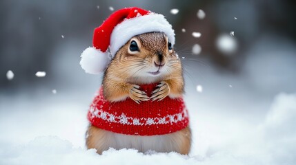 Cute chipmunk wearing santa hat and festive sweater in snowy winter scene, adorable christmas animal illustration