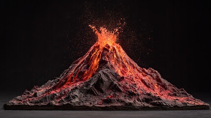 Dramatic volcano erupting with vibrant molten lava against stark black backdrop, ideal for geology textbooks and disaster preparedness campaigns