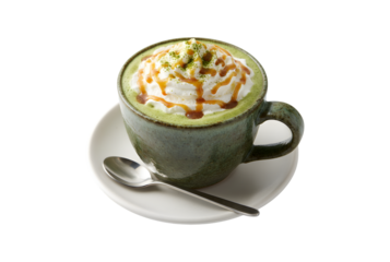 A lone frothy Japanese matcha green tea latte sits on a white background, served in a charming ceramic cup with a spoon, topped with whipped cream and a drizzle of caramel, ideal for a cozy café vibe.