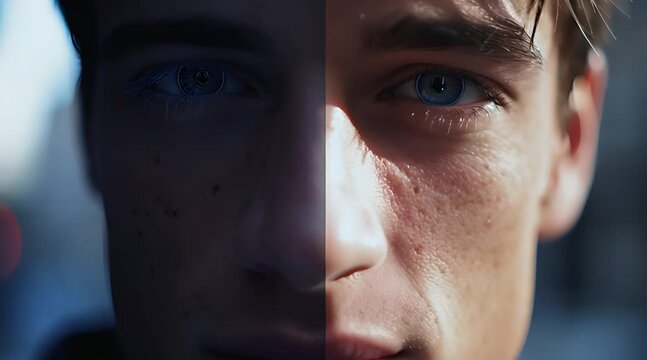 Split face portrait contrasting natural human skin with dark digital cybernetic interface and artificial intelligence concept