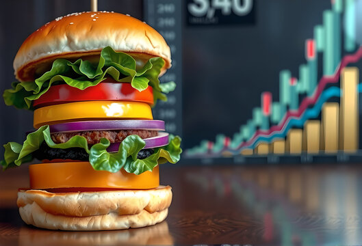 Exponential Growth in the Fast Food Industry, Delicious Burger in Focus with a Sharp Uptrend Bar Graph in the Background, Concept of Successful Business Expansion - Powered by Adobe