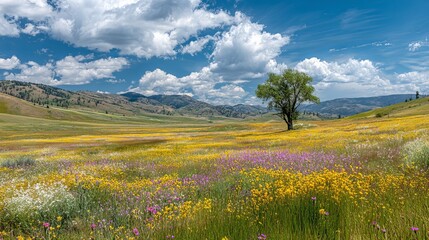 Discover a vibrant spring landscape with wildflowers in bloom, showcasing a dreamy meadow and rolling hills under a beautiful blue sky