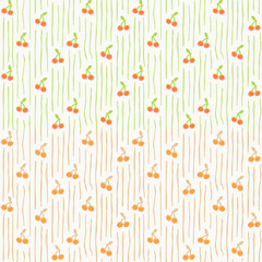 Fresh Valentine cherry fruit pattern with green and orange tones and hand-drawn stripes