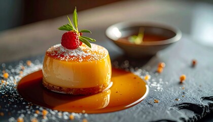 A golden-yellow caramel pudding, served upside down on a black slate plate.

Serving: The pudding is placed on a bed of biscuit or cake crumbs, surrounded by sauce. t