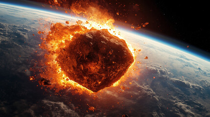 A massive fiery asteroid entering Earth’s atmosphere at high speed, glowing with intense orange flames