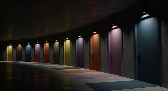 A long, dimly lit hallway with multiple colorful doors, each offering a different path forward.