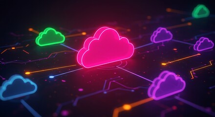 Neon clouds, linked by digital circuits, conveying a network on a black background