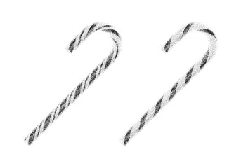 Dotted grain gradient candy canes. Christmas and New Year symbols with rough noisy sand dotted texture. Vector gritty candy canes with black particle and stipple effect for banner, poster, cover.
