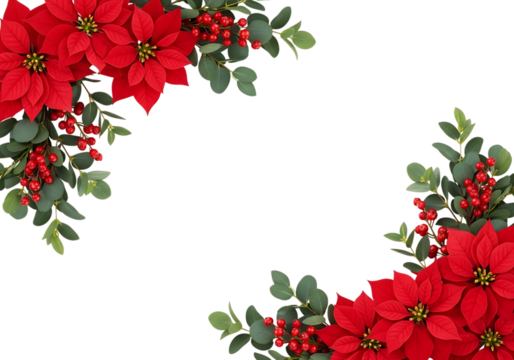 Festive red poinsettia flowers and eucalyptus leaves arranged in a corner border isolated on transparent background