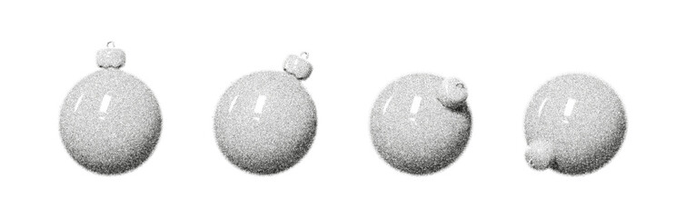 Dotted grainy Christmas decorative balls. Vector holiday balls with rough noisy sand dotted texture isolated on white background. Decorative elements with stipple effect.