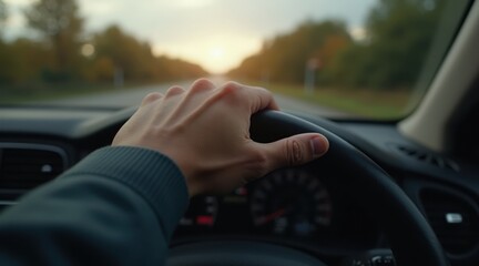 personal vision road concept. Driving hand on a steering wheel with a scenic background.