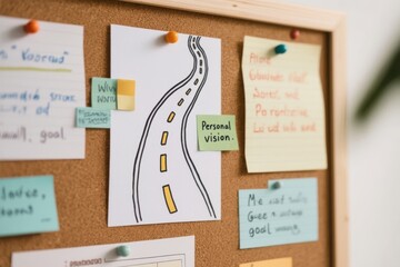 personal vision road concept. Vision board with notes and sketches on a corkboard.