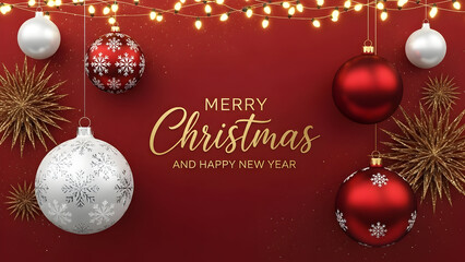 Luxury Red & Gold Merry Christmas and Happy New Year Card with Ornaments & Lights