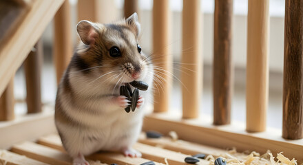 Cute Hamster Holding Small Object Near Wooden Structure.
