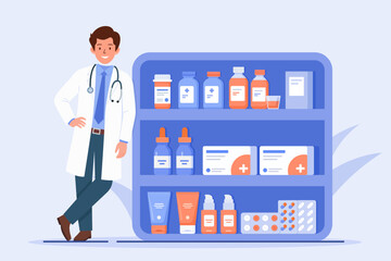 Smiling male doctor or pharmacist standing next to a fully stocked pharmacy shelf with various medications and health products. Drugstore service illustration concept.
