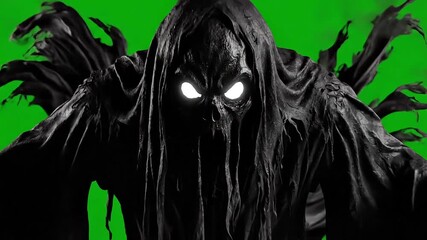 Eerie black cloaked ghost floating on green screen, perfect for Halloween movies or spooky effects, mysterious Halloween entity materializing